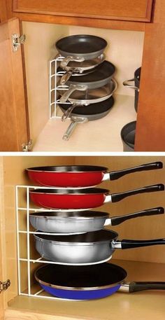 there are many pots and pans in the cabinet