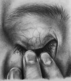 a pencil drawing of someone holding their hand to their eye