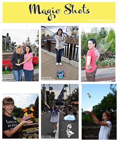 the collage shows photos of people at disneyland world, including two women and one man