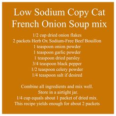 the ingredients for a french onion soup mix are shown in orange and white, with text below