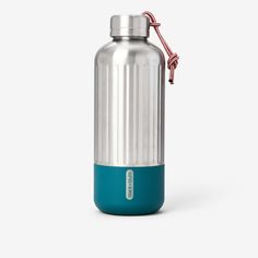 a stainless steel water bottle with a teal blue lid and handle on a white background