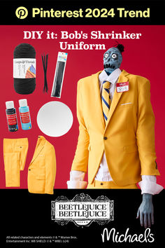 a man in a yellow suit and tie next to other items on a red background