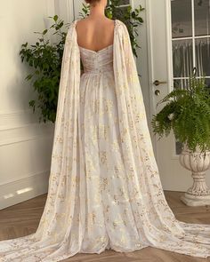 White Gilded Lily Gown | Teuta Matoshi White And Gold Gown, Long Gathered Skirt, Gilded Lily, Teuta Matoshi, Long Flowy Dress, White Flowy Dress, White Gold Dress, Wedding Dress Flowy, Wedding Dress Shoes