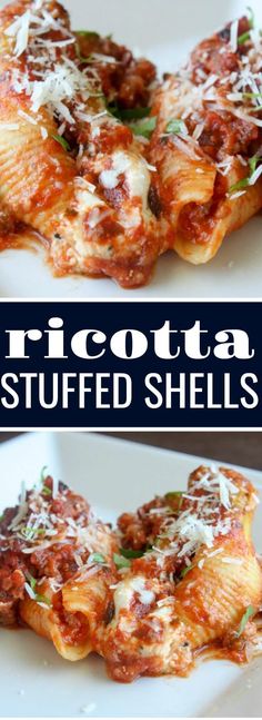 two pictures of stuffed shells on a white plate with text overlay that reads ricotta stuffed shells