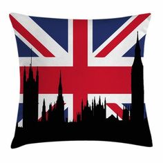 a pillow with the british flag and big ben clock tower in london, england on it