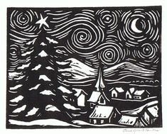 a black and white drawing of a snowy night