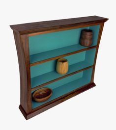 a wooden shelf with shelves and bowls on it