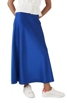 Complete your look with the understated sophistication of this smooth satin midi skirt. Pull-on style 100% polyester Machine wash, line dry Imported Satin Lined Workwear Maxi Skirt, Satin Lined Maxi Skirt For Work, Solid Satin Skirt For Workwear, Chic Blue A-line Maxi Skirt, Elegant Blue Satin Bottoms, Flowy Satin A-line Maxi Skirt, Solid Satin Maxi Skirt For Summer, Blue Satin Bottoms For Formal Occasions, Relaxed Fit Satin Maxi Skirt