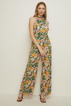 Slinky Jersey Floral Tie Neck Jumpsuit Jumpsuit Formal, Conscious Clothing, Green Suit, Green Jumpsuit, Oasis Fashion, Floral Jumpsuit, Short Jumpsuit, Guest Outfit, Tie Neck