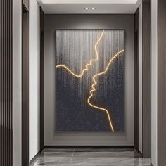 an abstract painting on the wall in a hallway