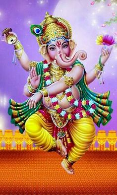 an image of lord ganesha dancing on stage with flowers in his hand and the moon behind him