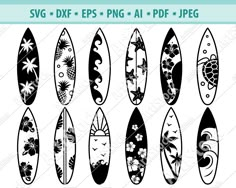 six surfboards with flowers on them and the words svg dxf eps png