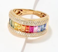 Boasting a bright, bold spectrum of colorful sapphires surrounded by rows of sparkling diamonds, this gemstone band ring commands attention. From Effy Jewelry. Multicolor Baguette Cut Fine Jewelry Rings, Effy Rings, Multi Gemstone Ring, Sapphire Band, Multi Sapphire, Effy Jewelry, Feel Pretty, Baguette Cut, Sparkle Diamonds