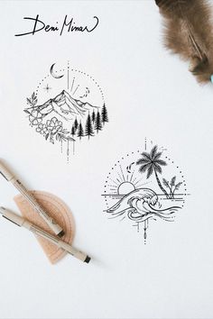 Small tattoo design artwork created by Slovak artist Deni Minar suitable for all nature and adventure lovers. Cool Ocean Tattoos, Vertical Ocean Tattoo, Beach Travel Tattoo Ideas, Mountain View Tattoo, Flower Travel Tattoo, Mountain And Birth Flower Tattoo, Small Utah Tattoo