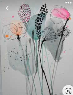 an abstract painting of flowers on white paper with black and pink paint splatters