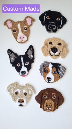 four different dogs made out of crochet on a white surface with the words custom made above them