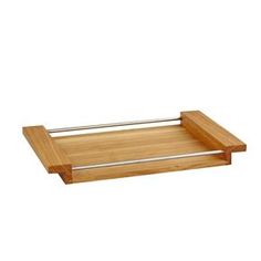 a wooden tray with two metal handles