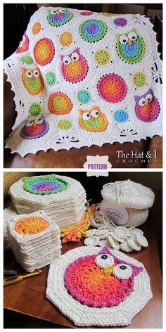 crocheted owl afghans and other items are shown in three different pictures, one is