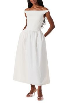 This classically elegant midi is designed in a romantic silhouette with a shoulder-baring neckline and a perfectly flared skirt. Off-the-shoulder neck Lined Sleeveless 90% rayon, 35% nylon, 5% elastane with 100% polyester contrast Dry clean Imported White A-line Midi Dress For Daytime, Staud White Midi Length Dress, Elegant White Staud Midi Dress, White A-line Midi Dress With Stretch, White Stretch Off-shoulder Midi Dress, Astr The Label, Bridal Event, White Midi Dress, Free Fabric