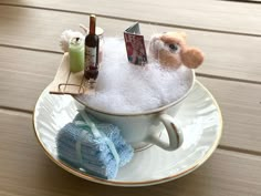 a cup filled with soap and other items