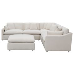 a white sectional couch with ottoman and footstool in front of a white background