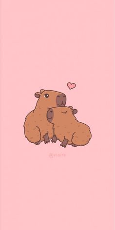 two brown animals sitting next to each other on top of a pink background with hearts