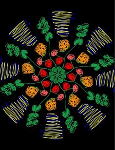 an artistic drawing of strawberries and leaves on a black background with green, yellow, red and orange colors