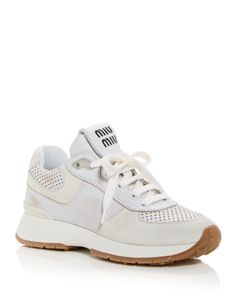 Miu Miu Women's Perforated Low Top Sneakers Round Toe Sneakers With Perforations For Errands, Lace-up Sneakers With Perforations For Errands, Miu Miu Sneakers, Perforated Leather, Low Top Sneakers, Miu Miu, Low Top, Top Sneakers, Leather Upper