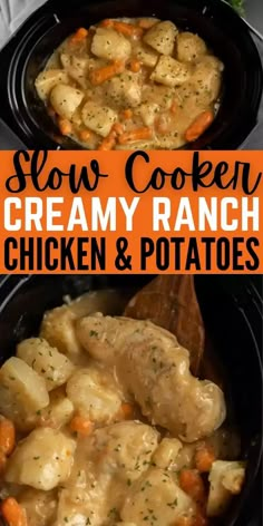 slow cooker creamy ranch chicken and potatoes in a crock pot with text overlay