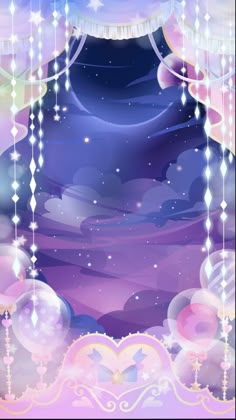 an image of a purple and blue background with stars, clouds and hearts on it