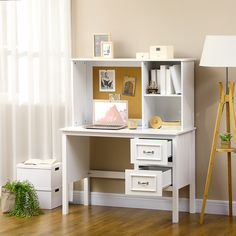 This study desk allows you to do hours of work in a clean and organized space. A corkboard backwall provides an easy way to keep reminders, calendars, decorations, and more right in your work area where you can create a system. The two deep drawers allow office supplies, or wider belongings such as folders and printer paper, while a set of shelves can store anything from photographs to taller items such as water bottles and textbooks. Create a better place to focus with HOMCOM writing desk.","- Workstation Table, Office Desk With Storage, Desk With Shelves, High Desk, Modern Computer Desk, Desk Writing, Desk With Storage, Home Office Furniture Desk, Office Workstations