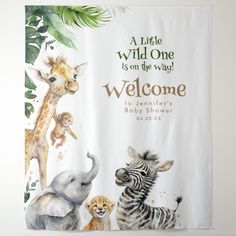 a shower curtain with an animal and giraffe theme