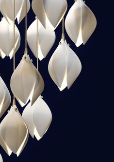 a bunch of white ornaments hanging from strings