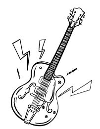 an electric guitar is shown in this black and white drawing with arrows pointing to it