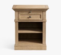 a wooden nightstand with two drawers and one drawer on the bottom, in front of a white background