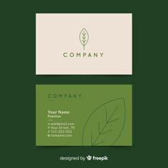 a business card with a leaf logo on the front and back, in green tones