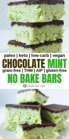 chocolate mint no bake bars stacked on top of each other with text overlay