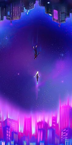 two people are flying in the air over a city at night with bright purple and blue lights