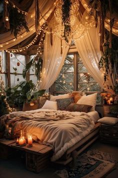 a bed sitting under a window covered in lights