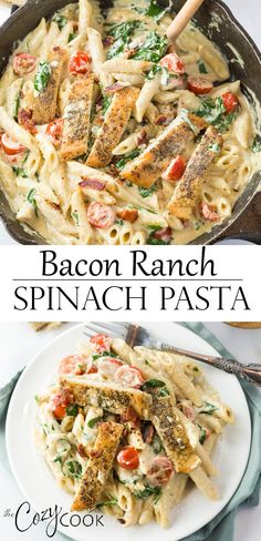 bacon ranch spinach pasta with chicken and tomatoes in a skillet on a white plate