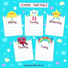 four school timetables with cute animals and rainbows in the sky, on blue background