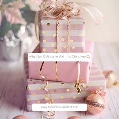 pink and white gift boxes stacked on top of each other with gold polka dot ribbon