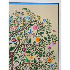 a painting of a tree with birds and flowers on it's branches, painted in pastel colors