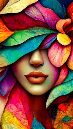 a woman's face with colorful leaves surrounding her and the image is painted in bright colors