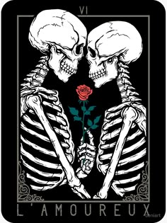 two skeletons holding hands with the words l'amoureuxx on it