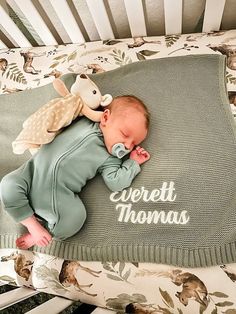 a baby laying on top of a bed next to a stuffed animal and an owl