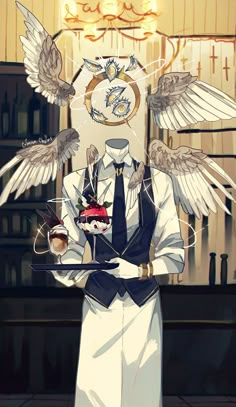 a man holding a cake with wings on his head and an hour clock above him