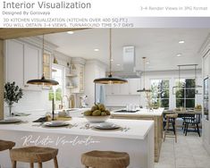 an image of a kitchen that is featured in the magazine interior visualization, featuring white cabinets and countertops with wooden stools