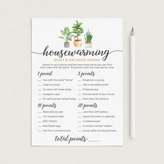 a printable housewarming game with potted plants