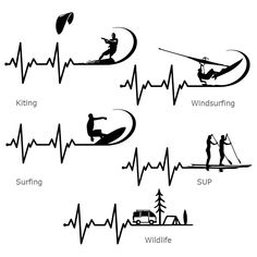 the different types of wind surfing and surfboarding symbols are shown in black on white